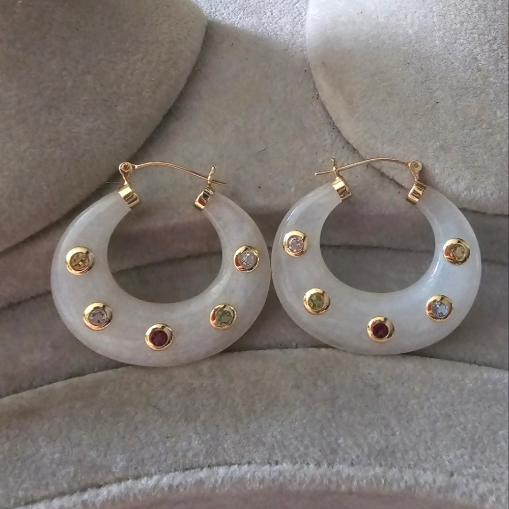 SOLD Ross Simons 14k Yellow gold Bezel Gemstone White Jade puffy hoop earrings